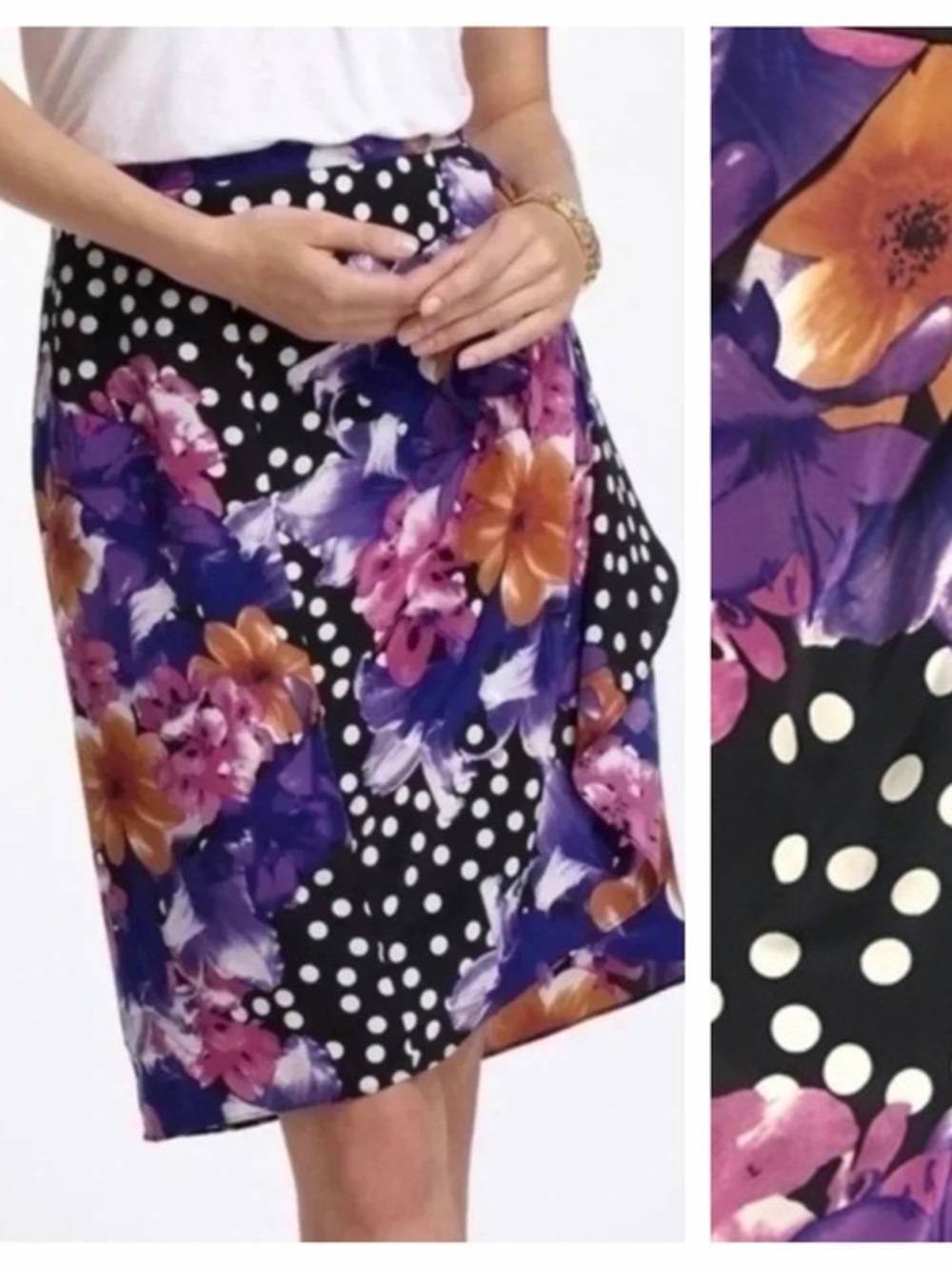 Anthropologie BARASCHI Beryl Skirt Purple floral Black White Polka Dot Print 0